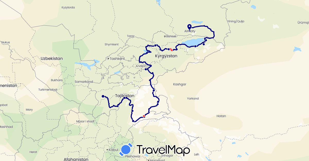 TravelMap itinerary: driving, hiking in United Kingdom, Kyrgyzstan, Kazakhstan, Tajikistan (Asia, Europe)